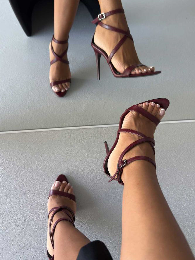 Burgundy Crisscross Ankle Strap Stiletto Sandals
