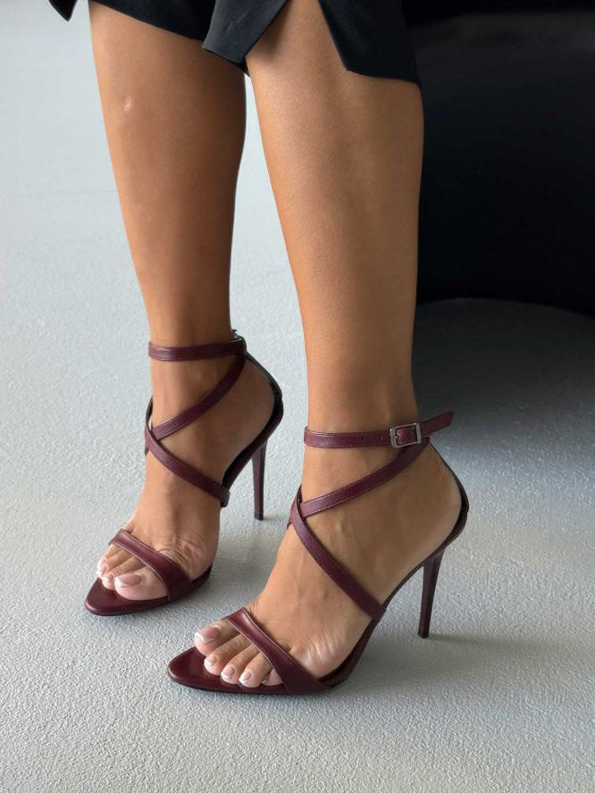 Burgundy Crisscross Ankle Strap Stiletto Sandals