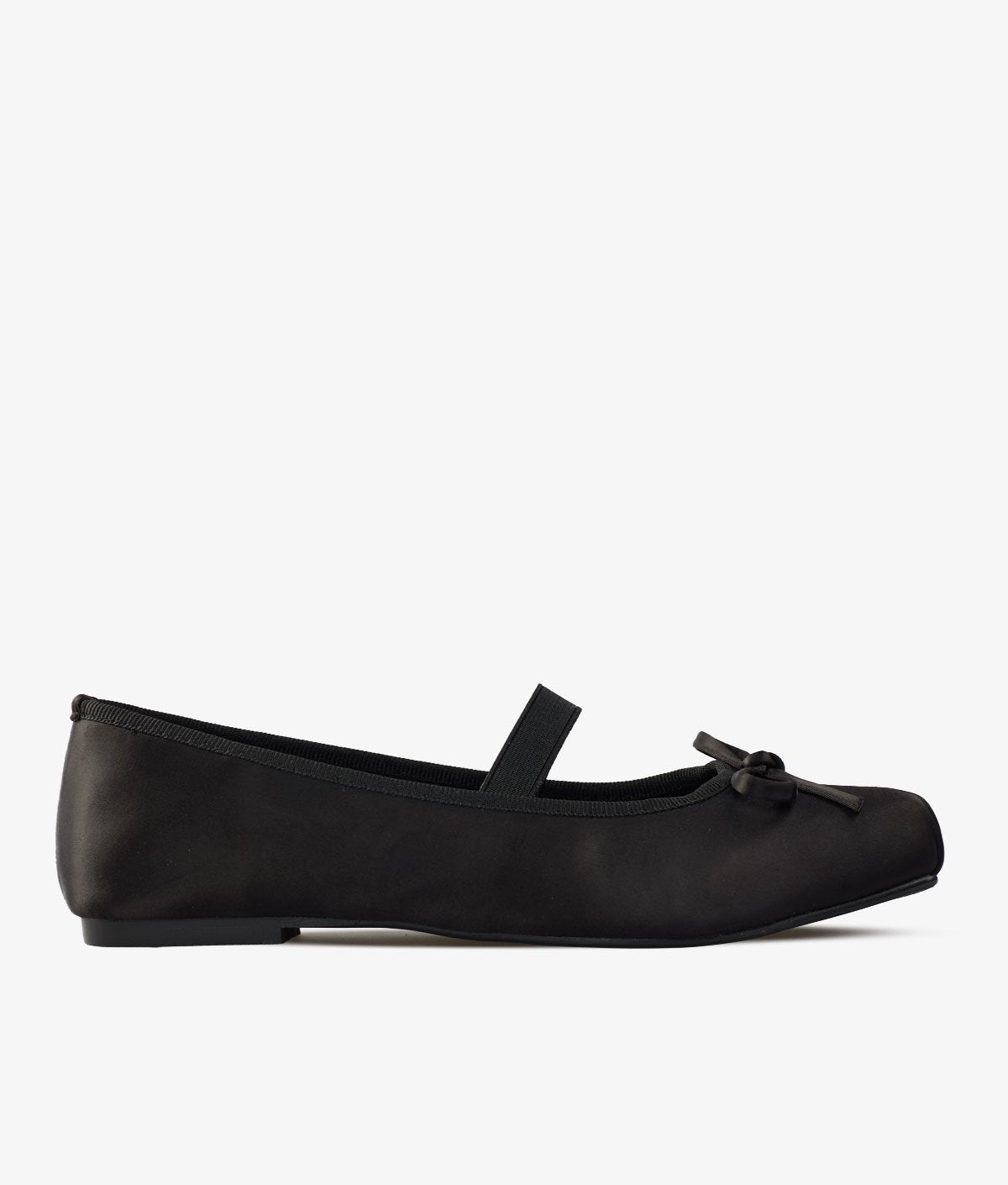Satin Ruched Square-Toe Bow Single Strap Mary Jane Ballet Flats
