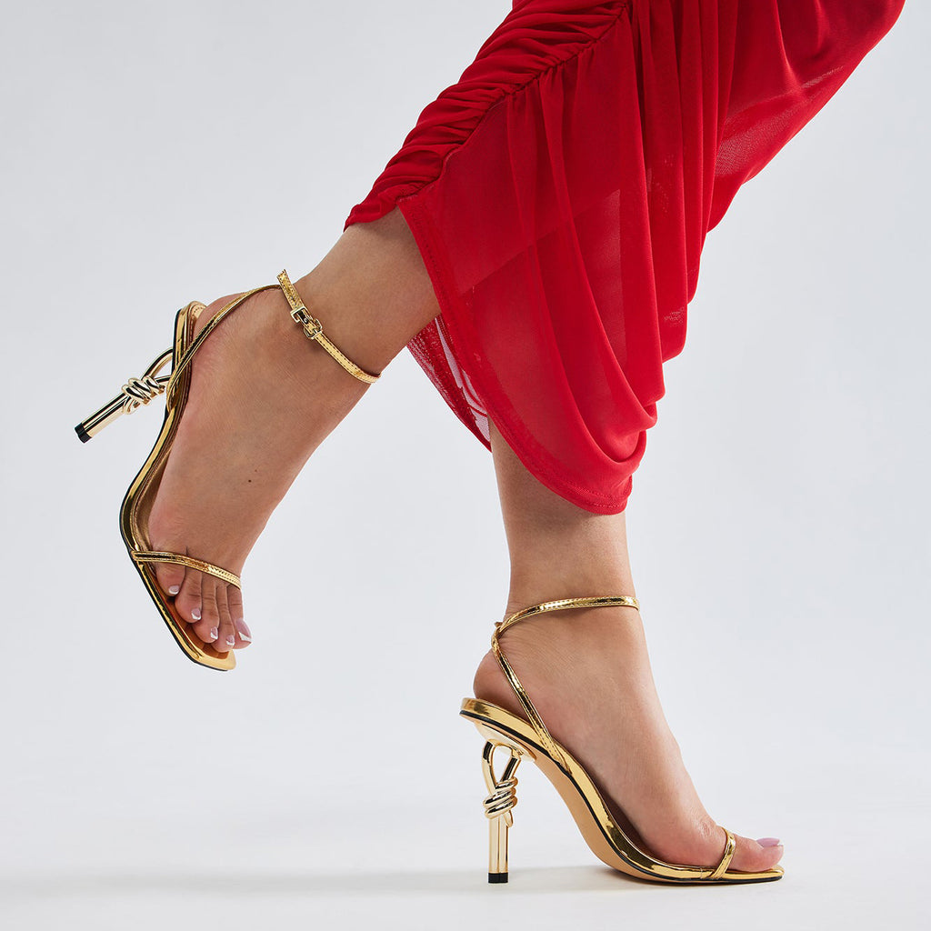 Ladies' Metallic Gold Twisted Heel Ankle Strap Sandals