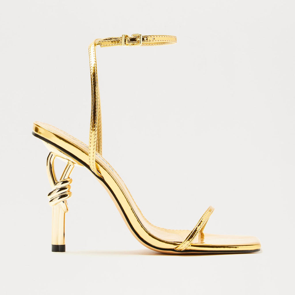 Ladies' Metallic Gold Twisted Heel Ankle Strap Sandals