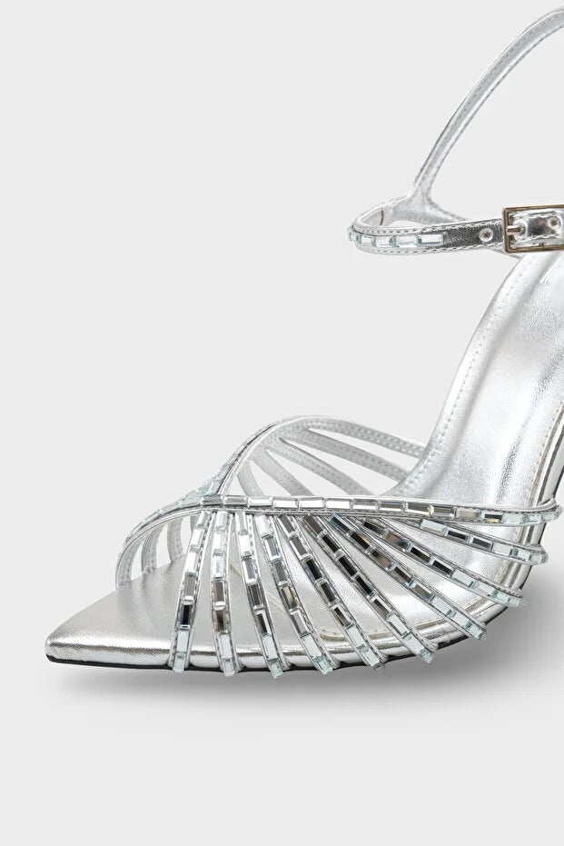 Fan-Shaped Cutout Rhinestone Pointed Toe Stiletto Ankle Strap Heels