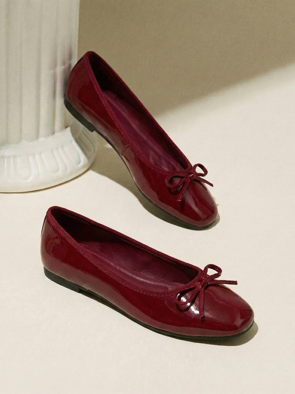 Patent Leather Bow Ballet Flats French Round Toe Slip On Shoes