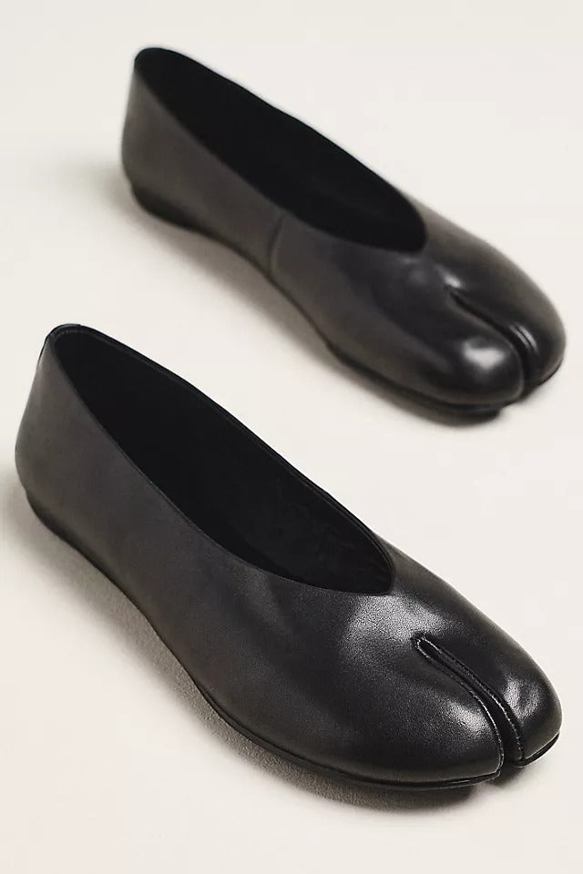 Women's Black Leather Split-Toe Ballet Flats