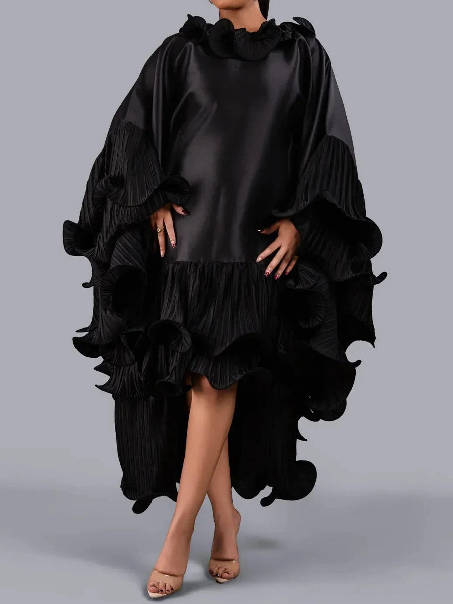 Spiral-hem Pleated Frills Loose Maxi Dress