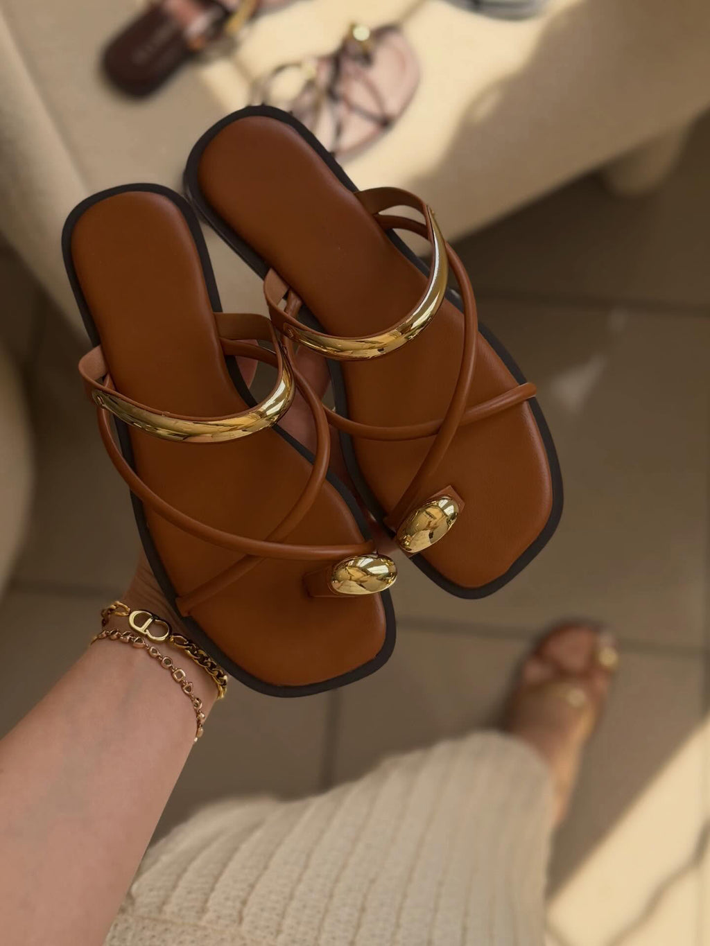 Ladies' Metal Accent Toe-Loop Slide Sandals