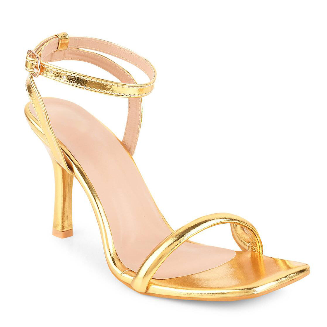 Ladies' Metallic Gold Square-Toe Ankle Strap Heeled Sandals