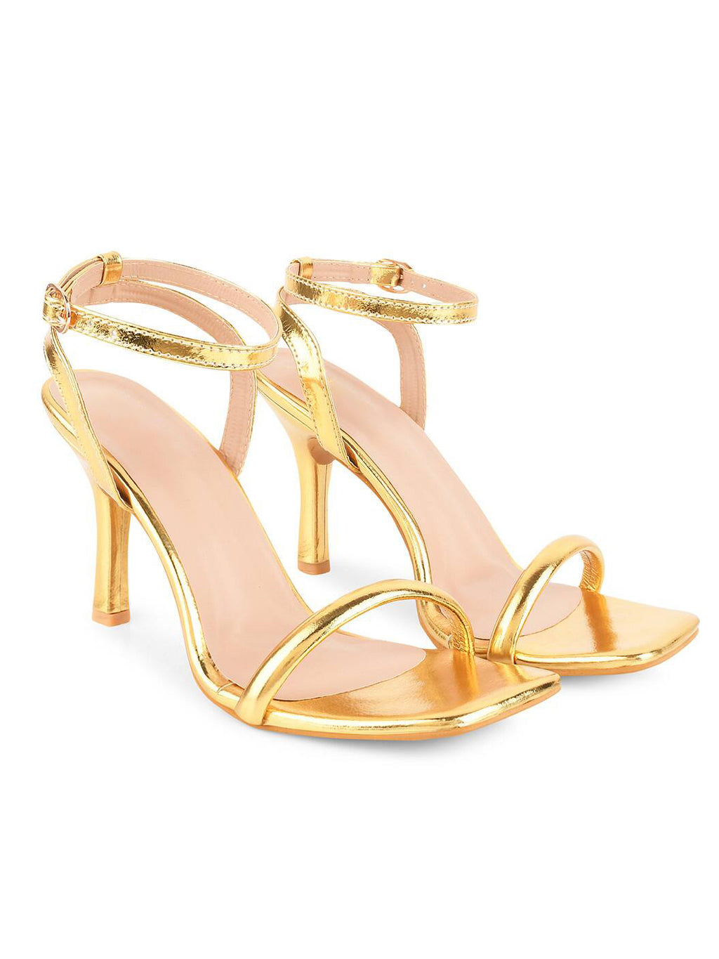 Ladies' Metallic Gold Square-Toe Ankle Strap Heeled Sandals