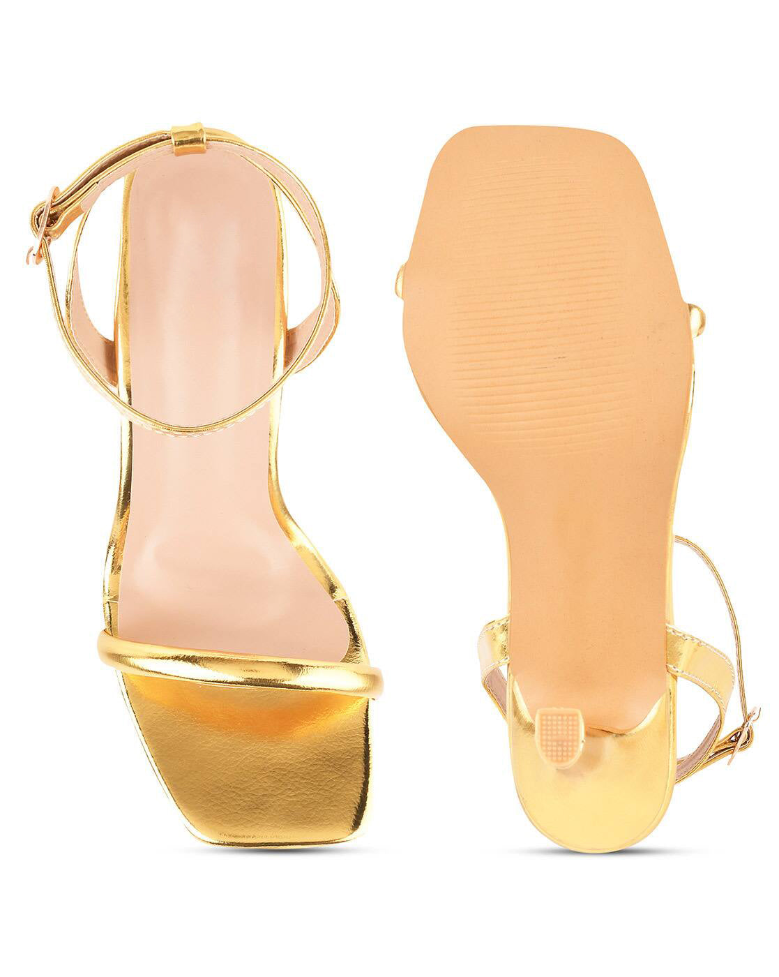 Ladies' Metallic Gold Square-Toe Ankle Strap Heeled Sandals