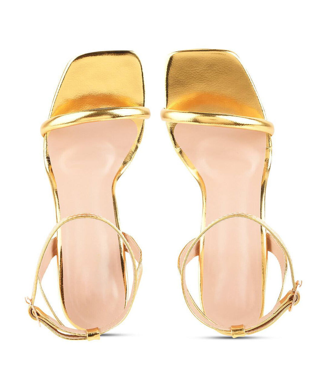 Ladies' Metallic Gold Square-Toe Ankle Strap Heeled Sandals