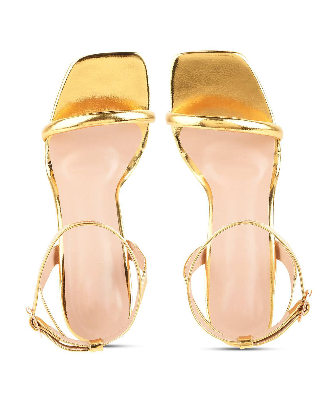 Ladies' Metallic Gold Square-Toe Ankle Strap Heeled Sandals