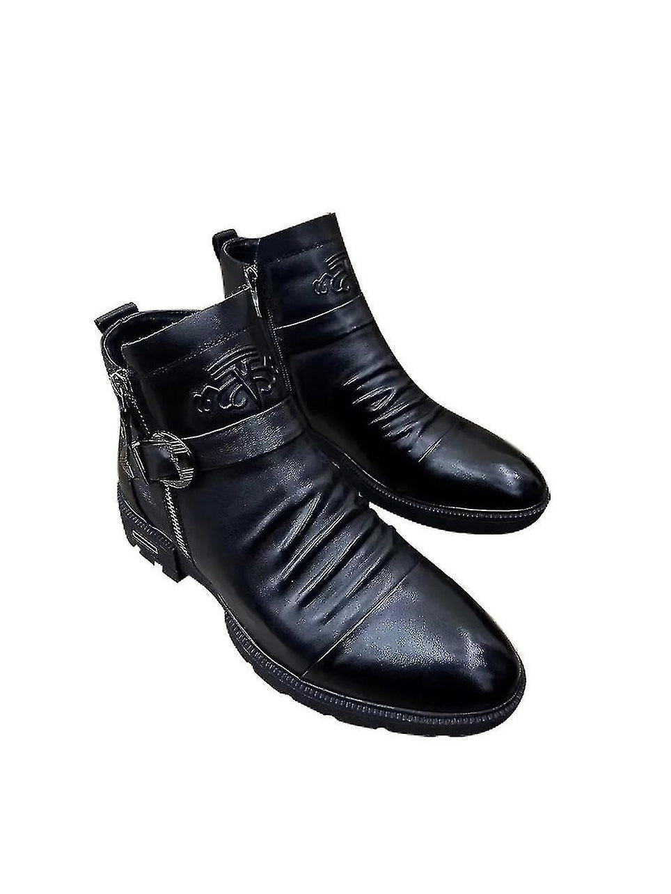 Embossed Buckle Ankle Boots With Side Zipper