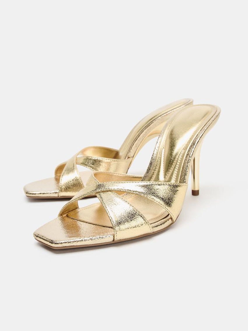 Ladies' Gold Metallic Crisscross Square-Toe Mule Heels