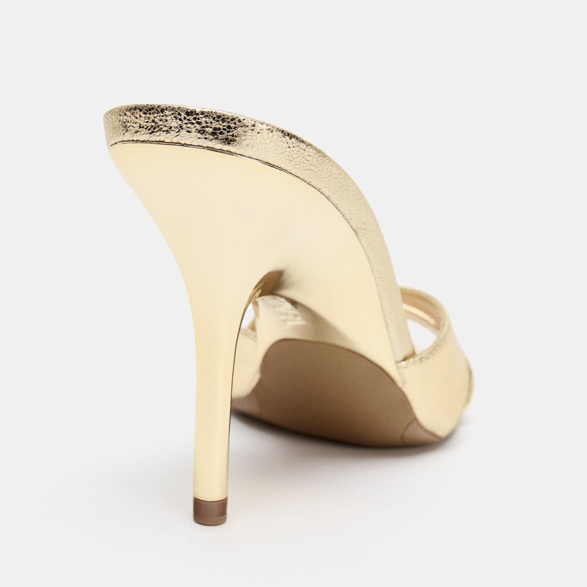 Ladies' Gold Metallic Crisscross Square-Toe Mule Heels