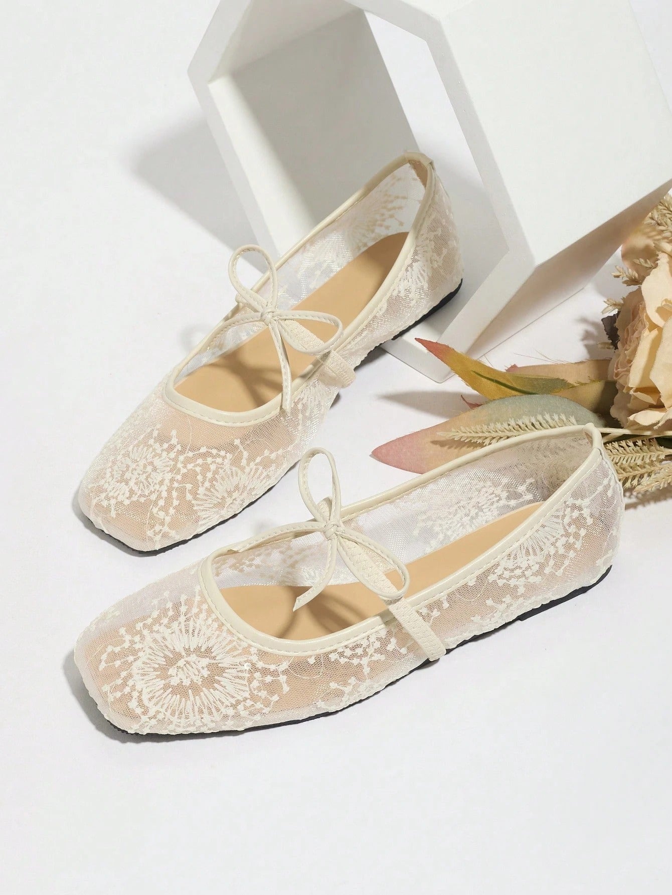 Lace Mesh Bow Mary Jane Flats