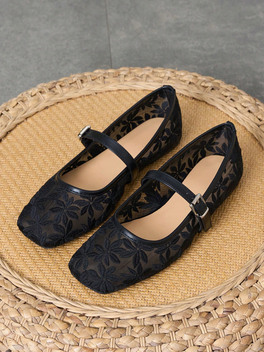 Sheer Embroidered Mary Jane Ballet Flats