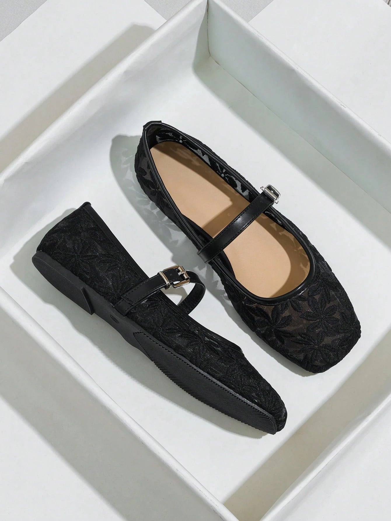 Sheer Embroidered Mary Jane Ballet Flats