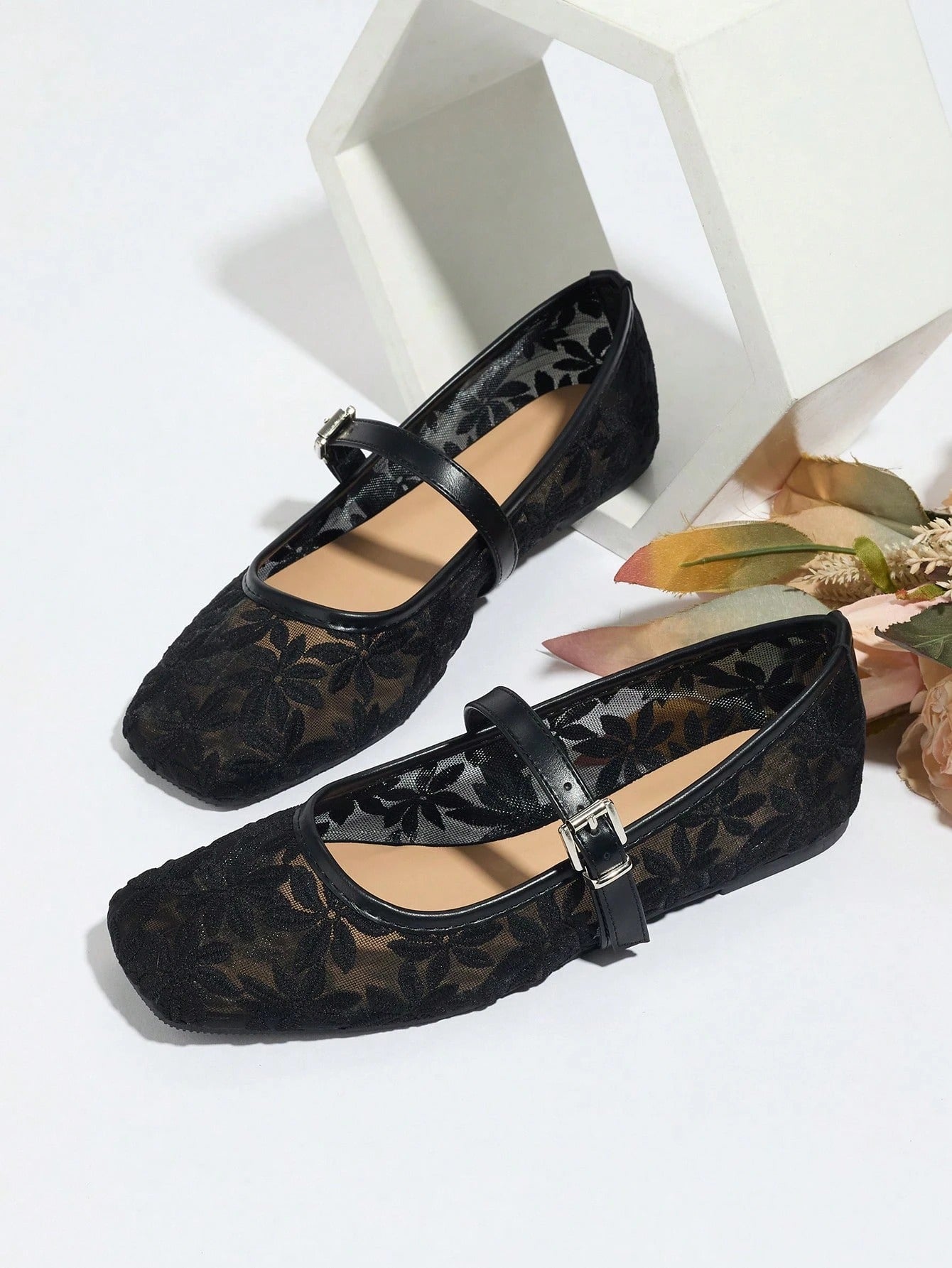 Sheer Embroidered Mary Jane Ballet Flats
