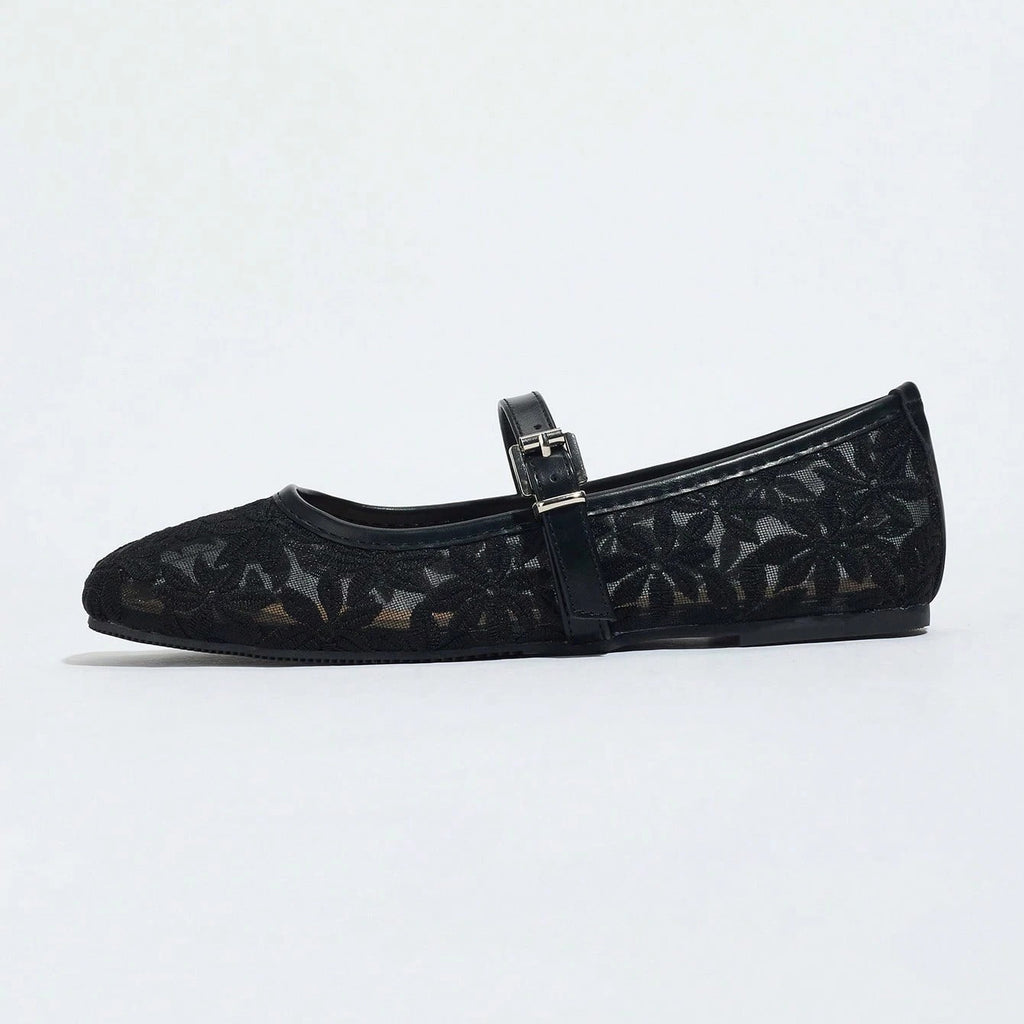 Sheer Embroidered Mary Jane Ballet Flats