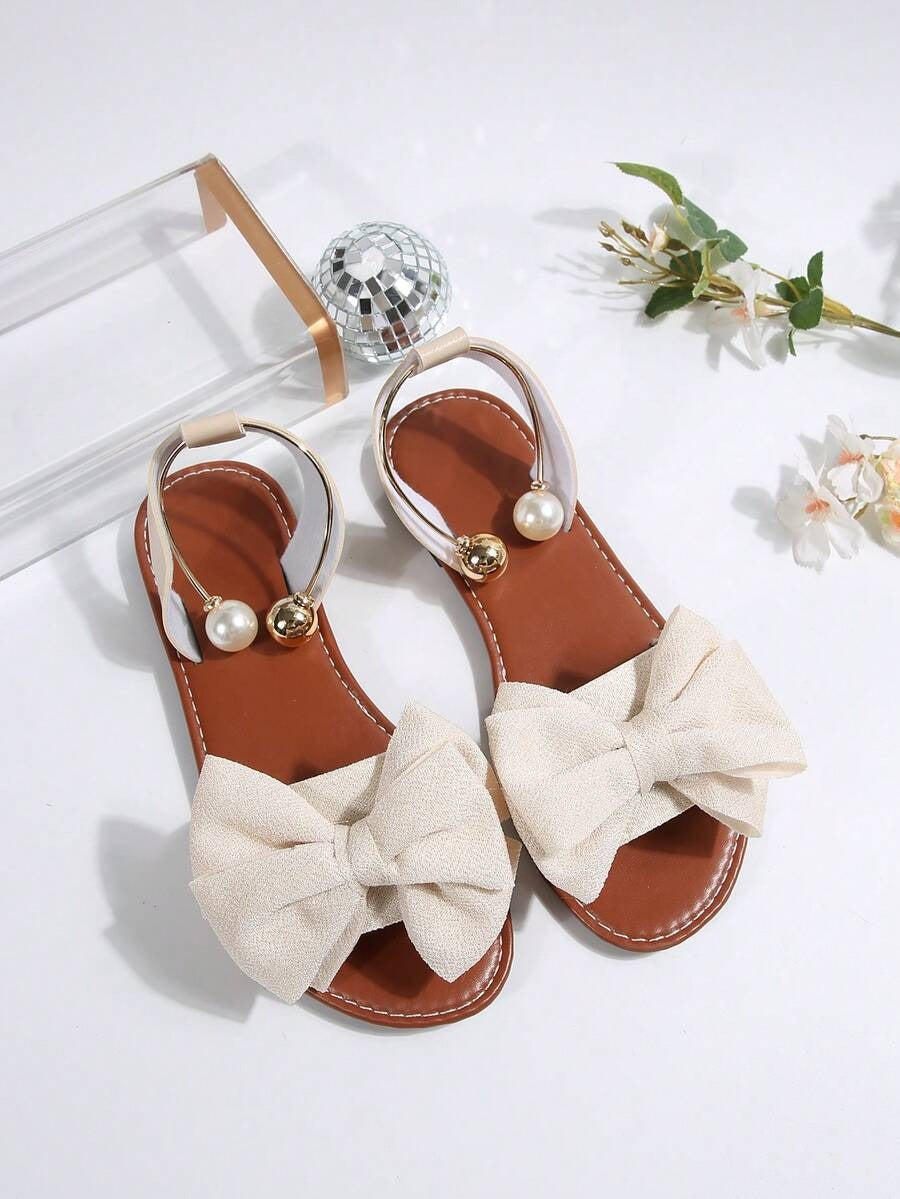 Ladies' Bow & Pearl Ankle Strap Flat Sandals