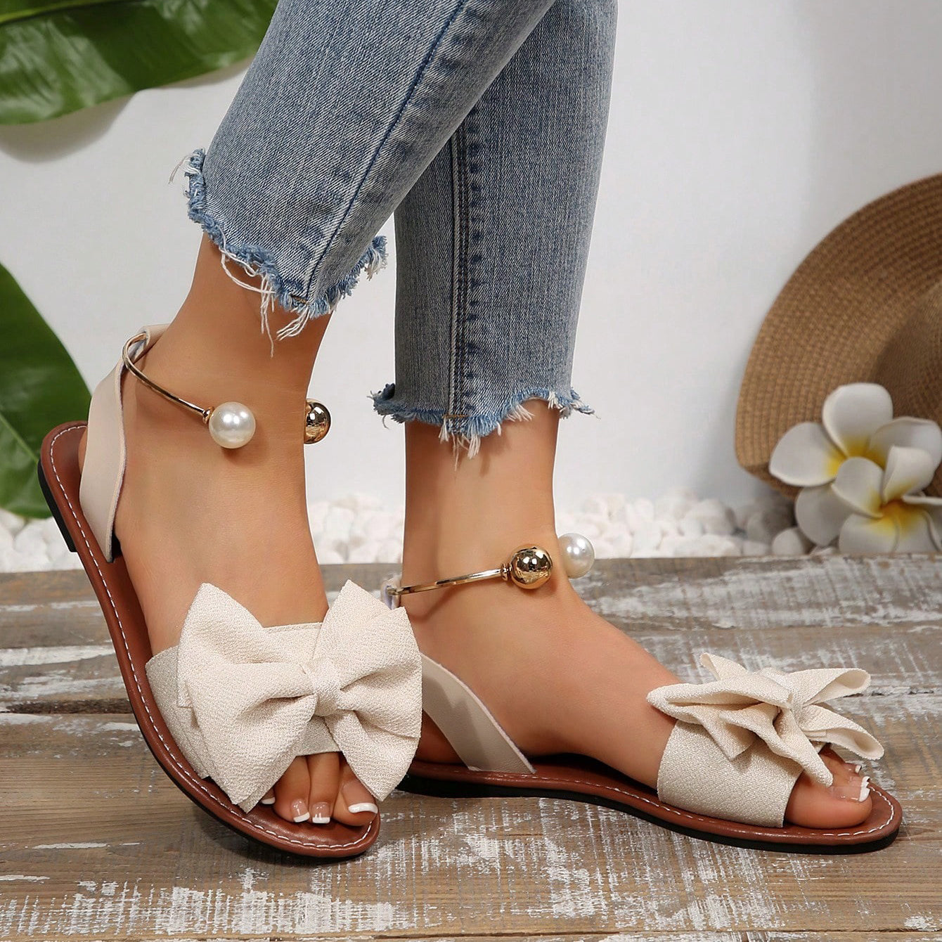 Ladies' Bow & Pearl Ankle Strap Flat Sandals