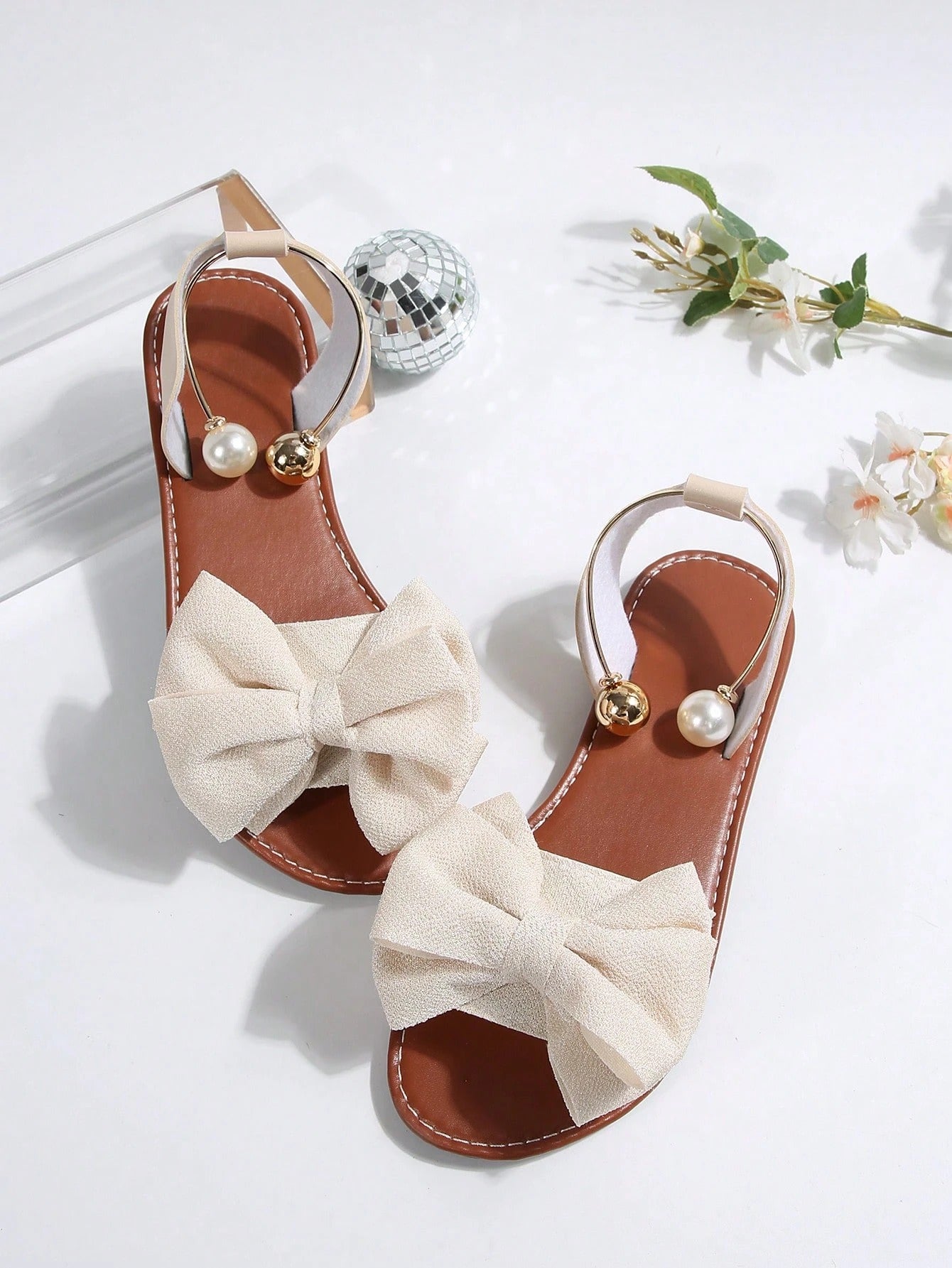Ladies' Bow & Pearl Ankle Strap Flat Sandals