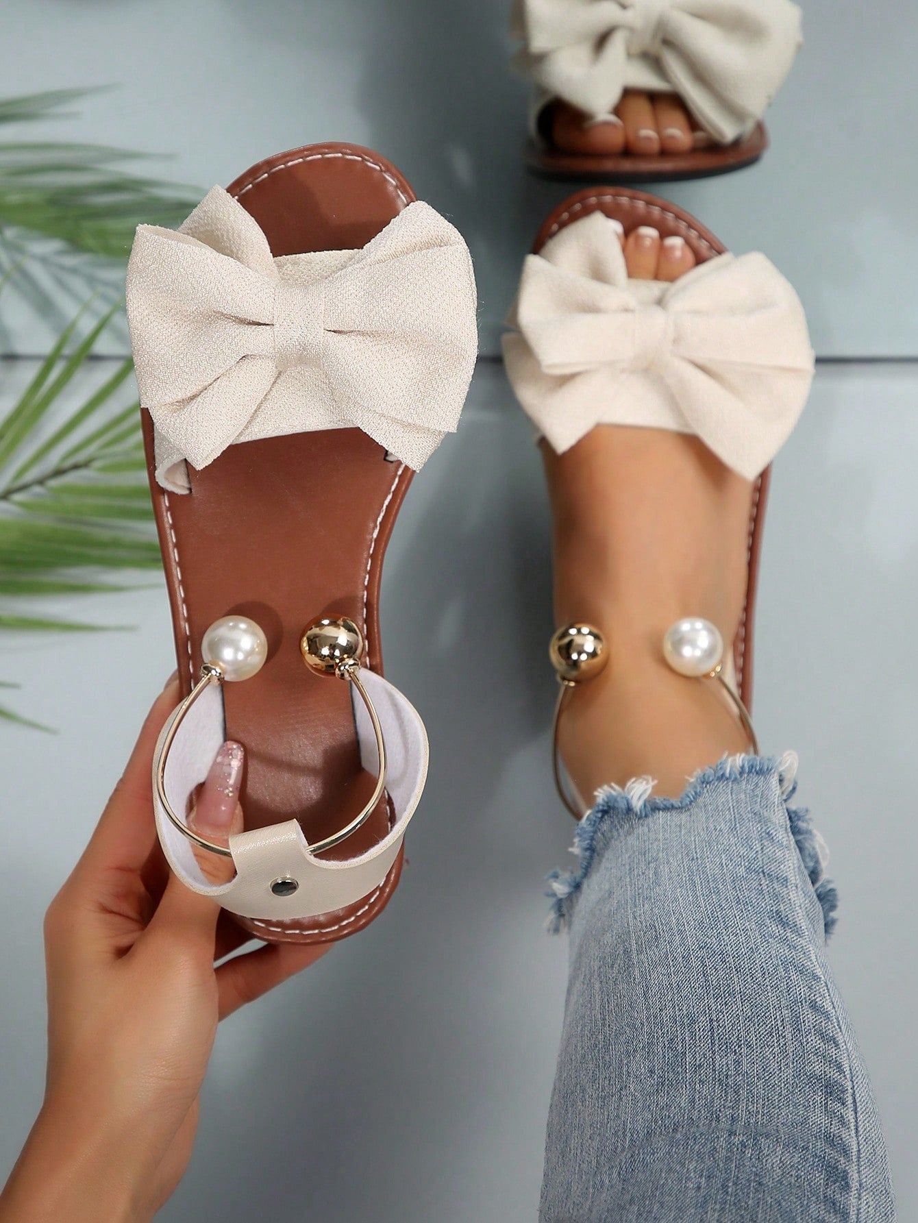 Ladies' Bow & Pearl Ankle Strap Flat Sandals