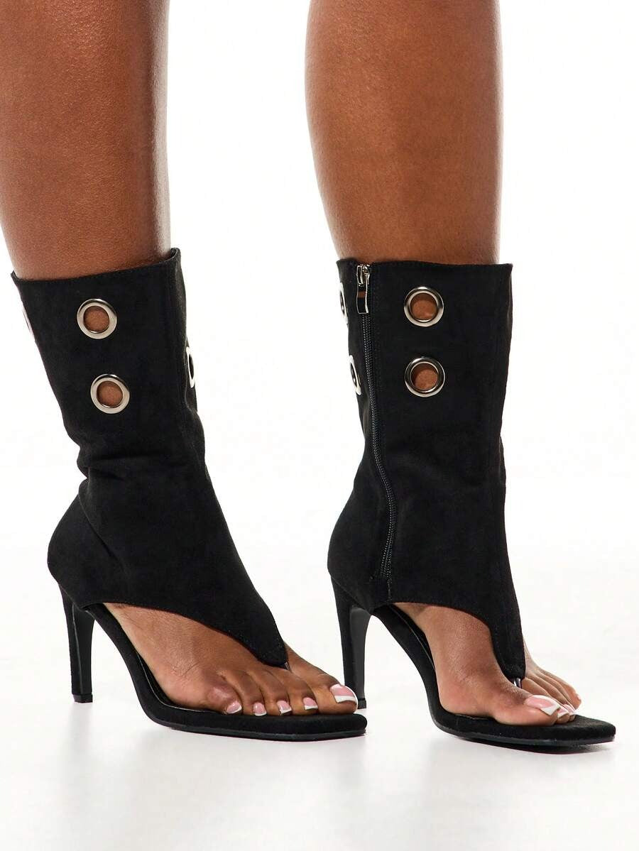 Ladies' Suede Grommet-Trim Thong Bootie Heels