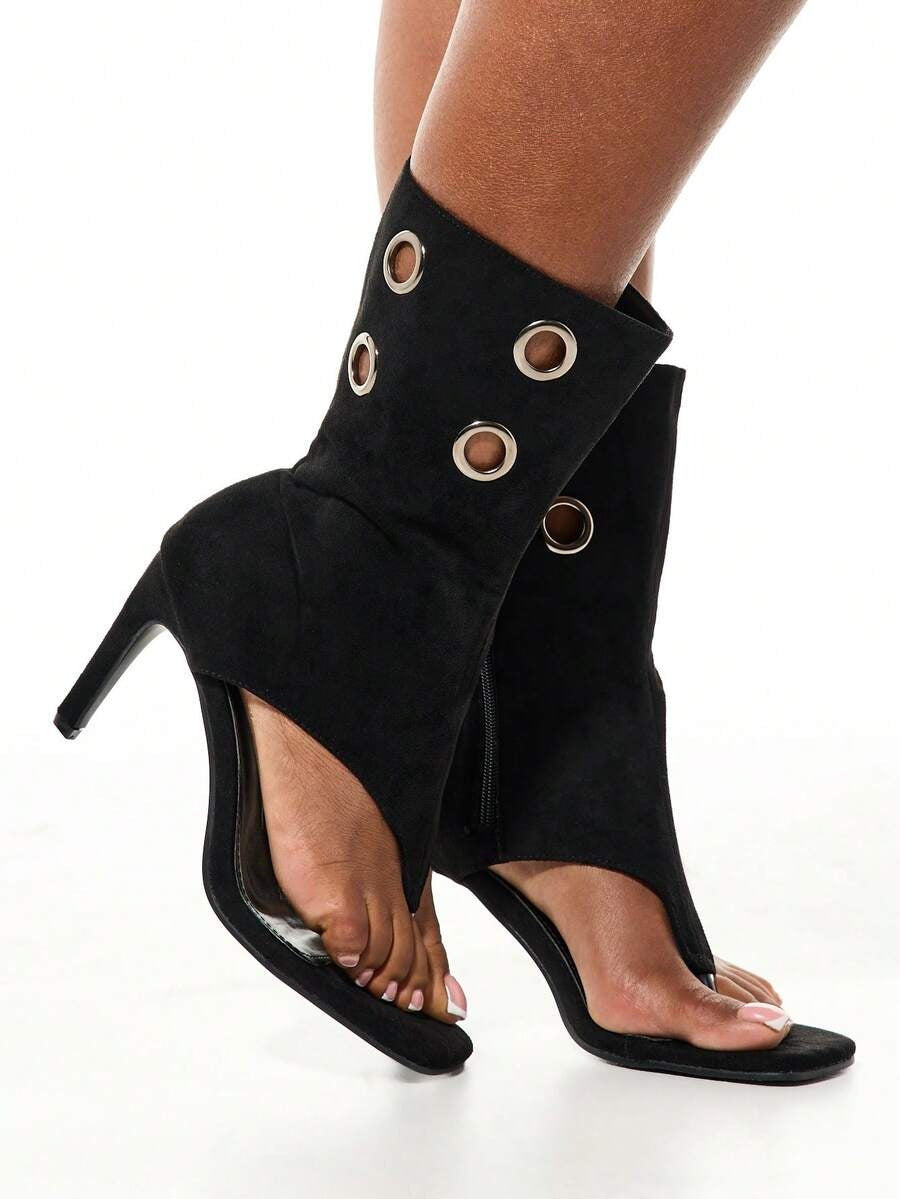 Ladies' Suede Grommet-Trim Thong Bootie Heels