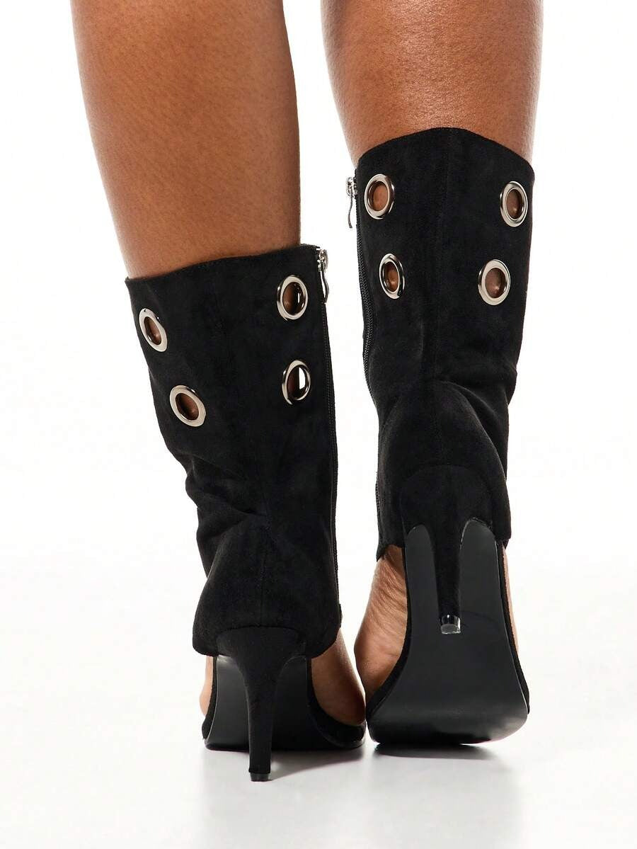 Ladies' Suede Grommet-Trim Thong Bootie Heels