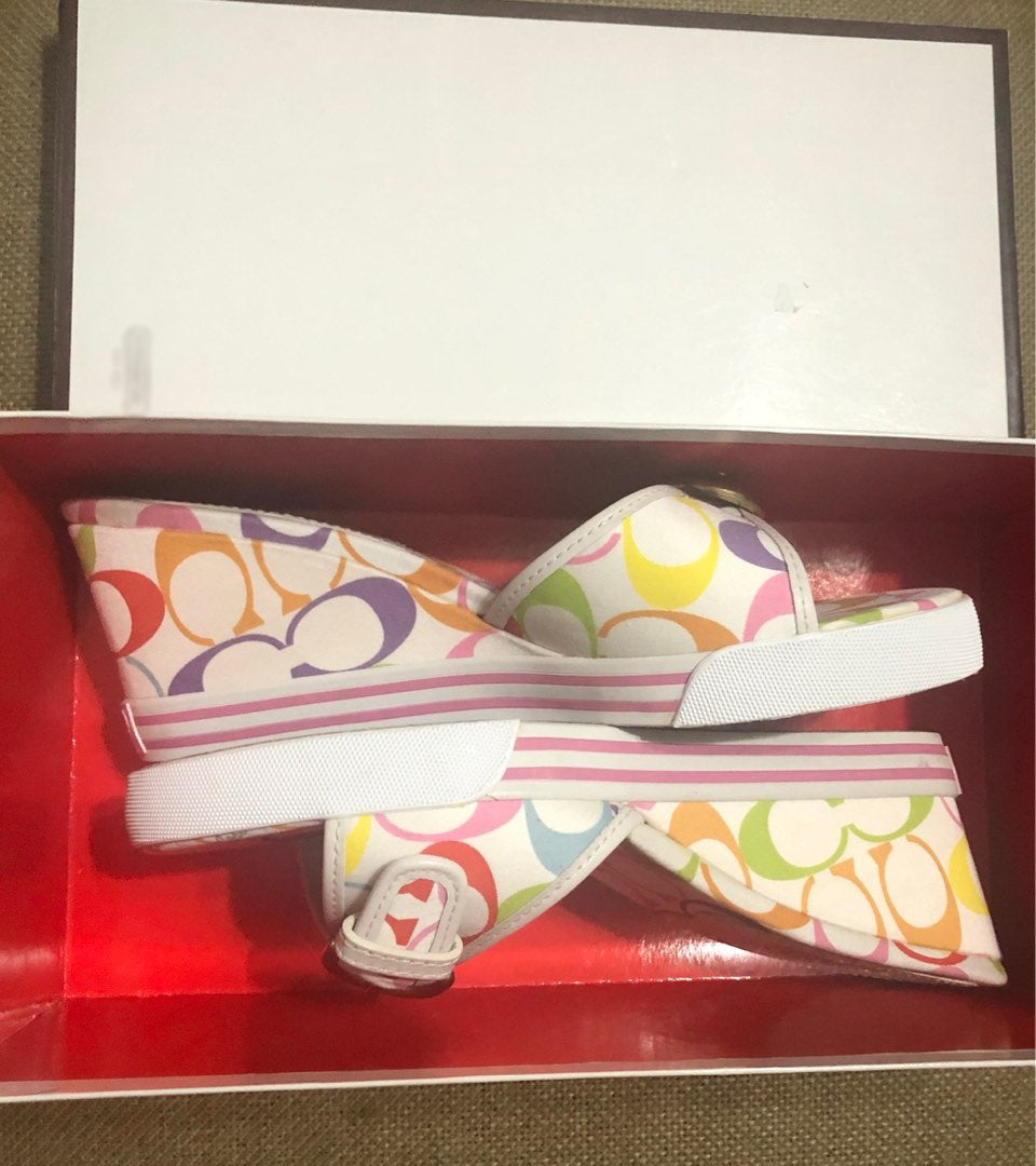 Vintage Multicolor Logo Print Wedge Mules