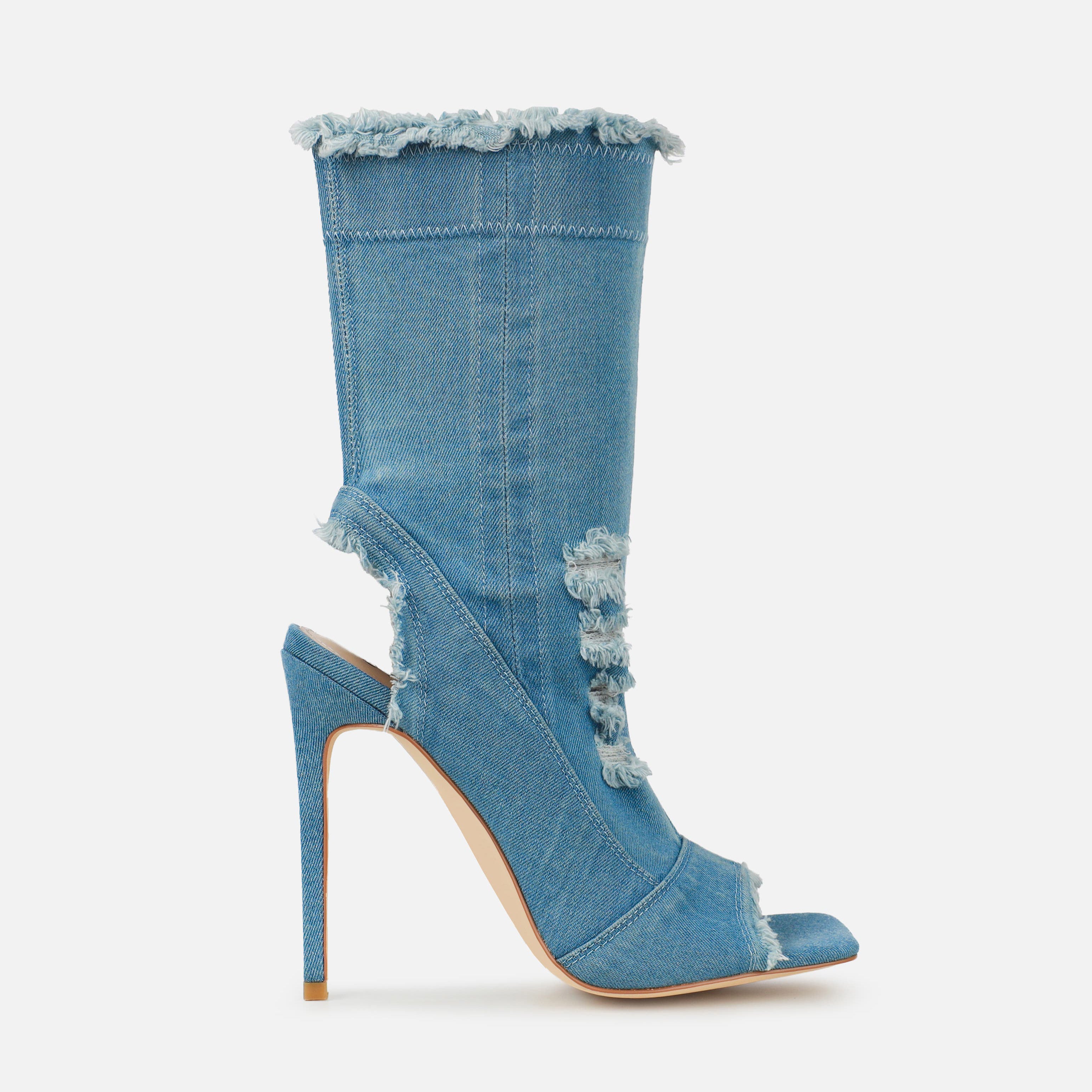 Frayed Edge Open-Toe Denim Ankle Boots