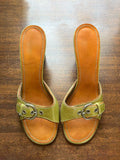 Vintage Buckle Detail Leather Block Heel Mules