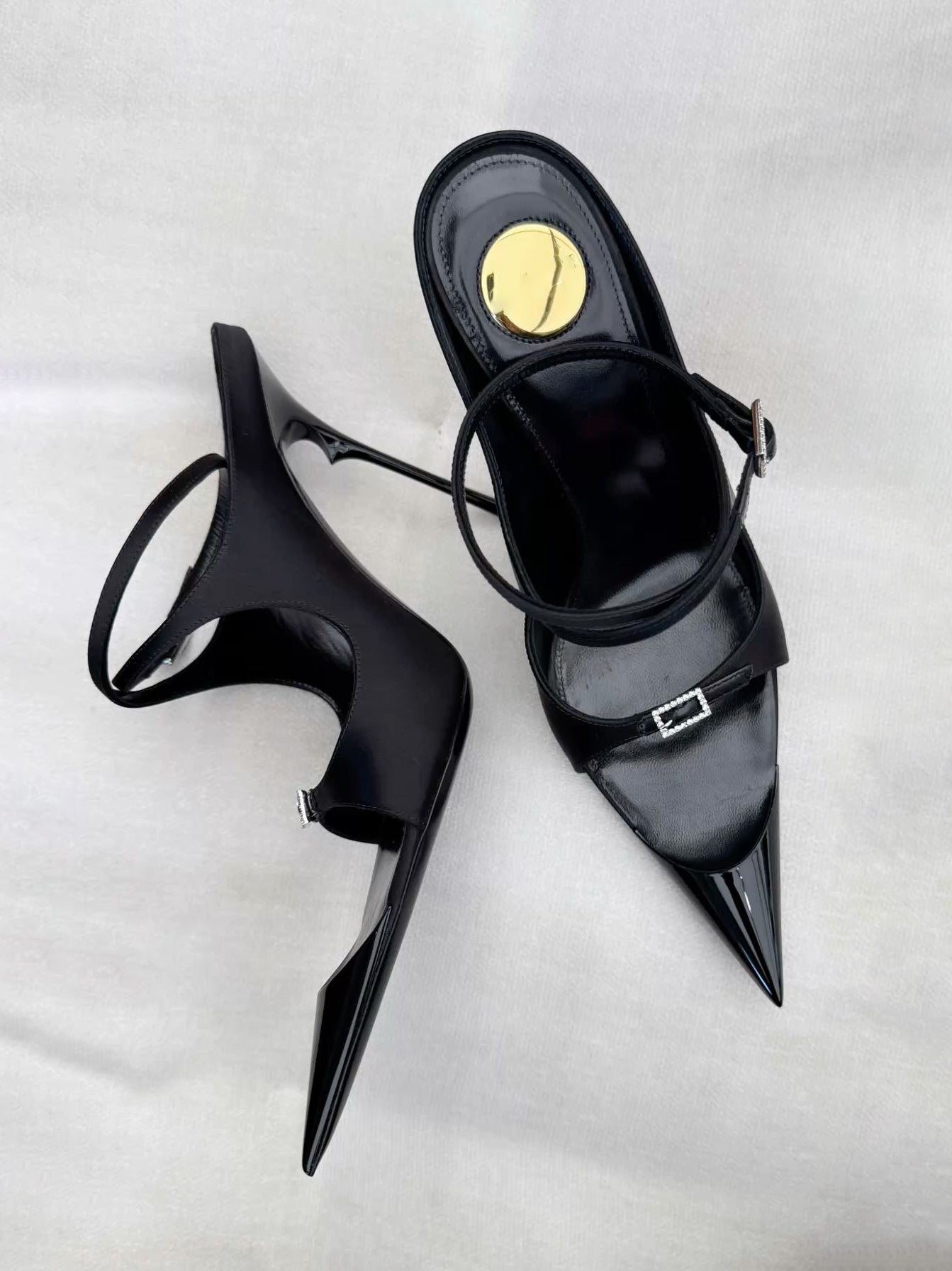 Ladies' Black Satin Crystal-Embellished Pointed-Toe Heels