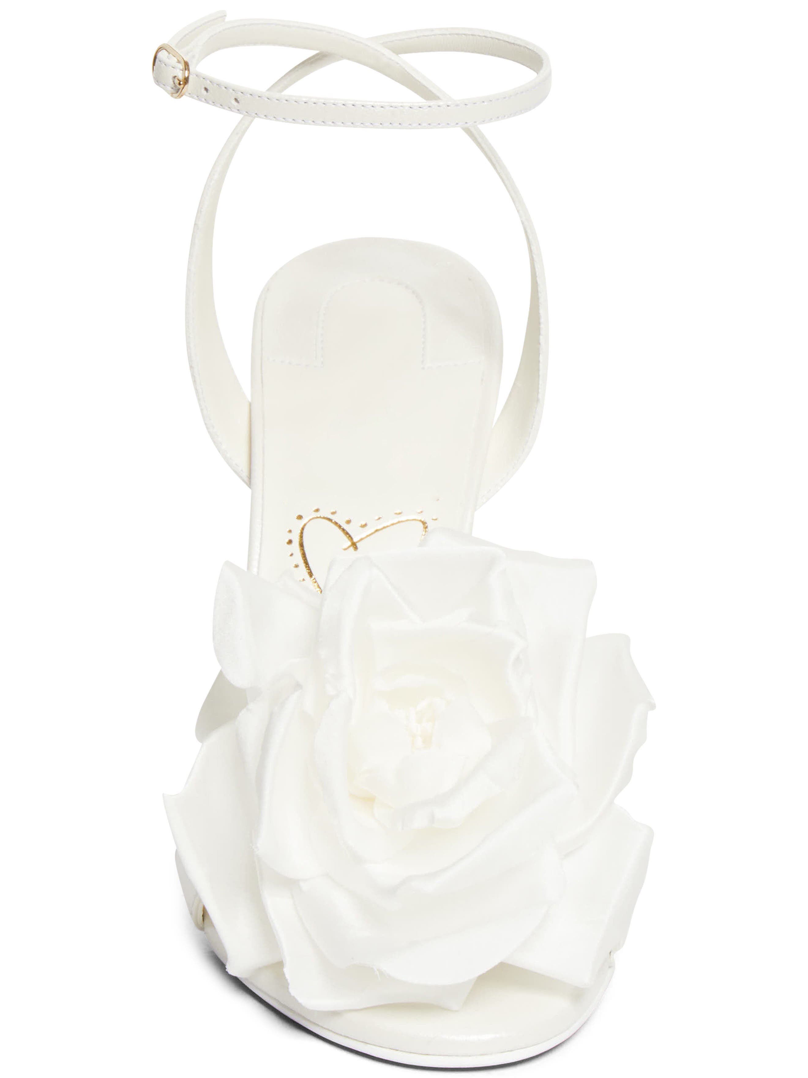 Ladies' White Satin Rose Ankle-Strap Stiletto Sandals