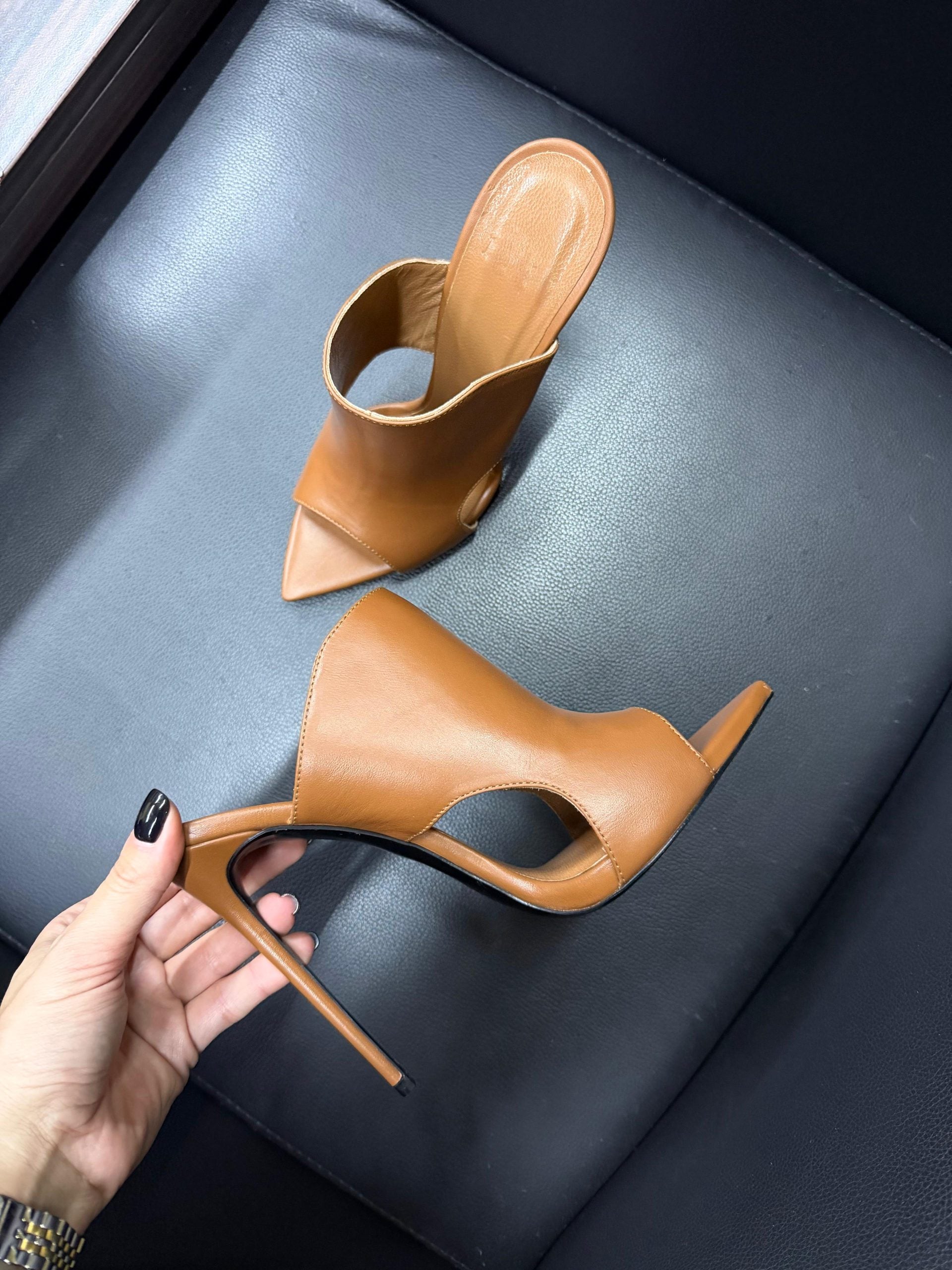 Ladies' Sculptural Stiletto Peep-Toe Backless Pumps