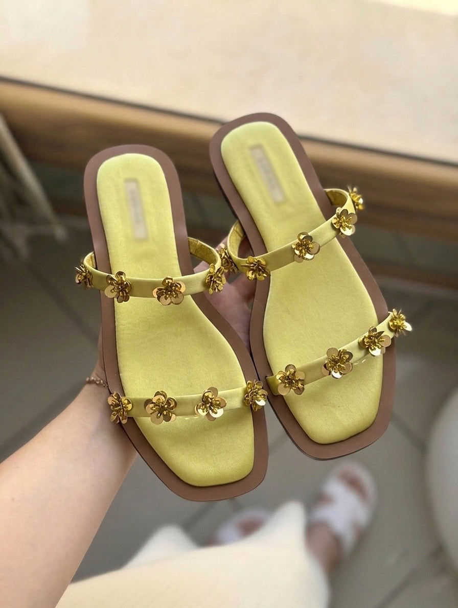 3D Sequin Floral Dual Strap Square Toe Flat Slide Sandals