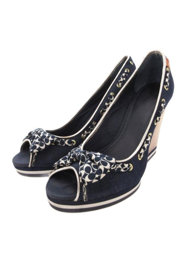 Vintage Denim Peep-Toe Wedge Heels with Signature Bow