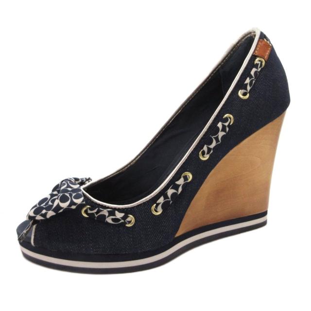 Vintage Denim Peep-Toe Wedge Heels with Signature Bow