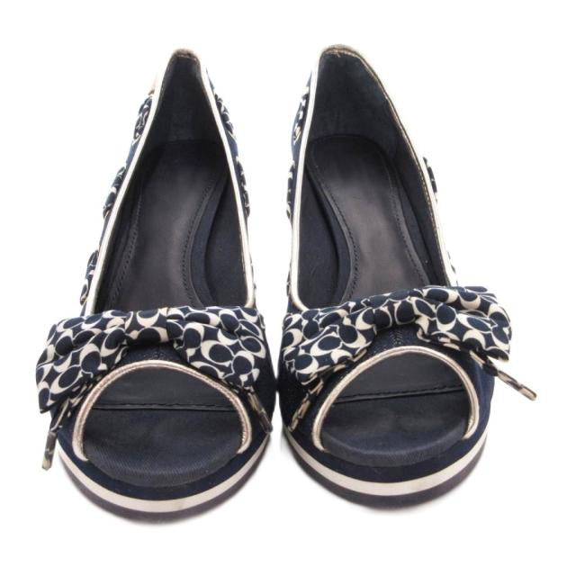 Vintage Denim Peep-Toe Wedge Heels with Signature Bow