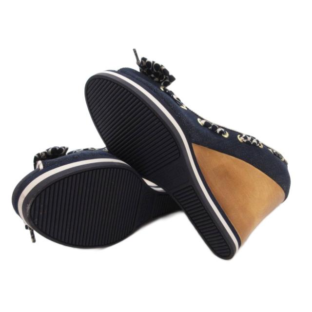 Vintage Denim Peep-Toe Wedge Heels with Signature Bow