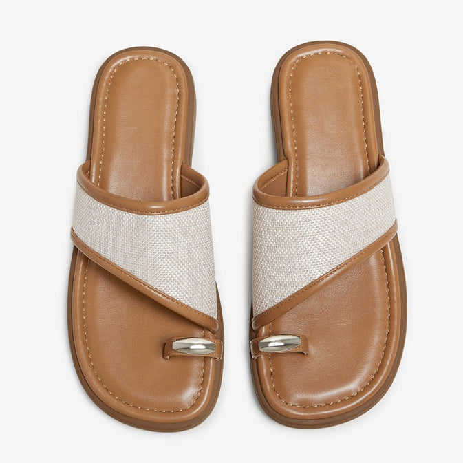Ladies' Linen & Leather Toe-Loop Slide Sandals