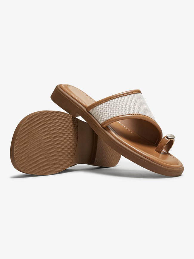 Ladies' Linen & Leather Toe-Loop Slide Sandals