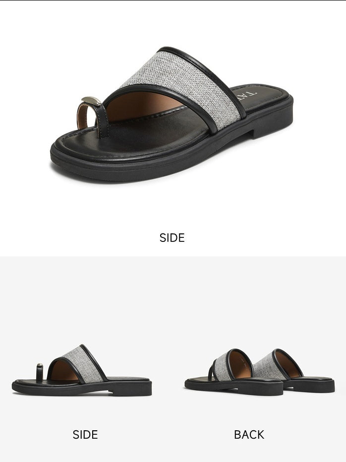 Ladies' Linen & Leather Toe-Loop Slide Sandals