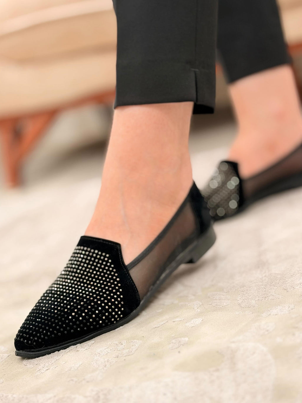 Rhinestone Mesh Slip-On Loafers