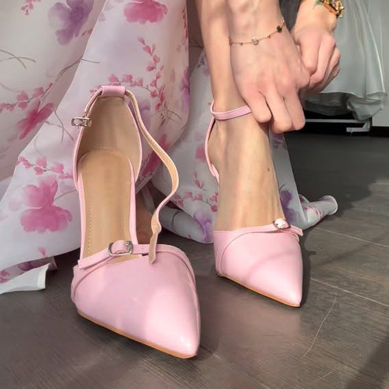 Ladies' Patent Pink Ankle-Strap Pointed-Toe Heels