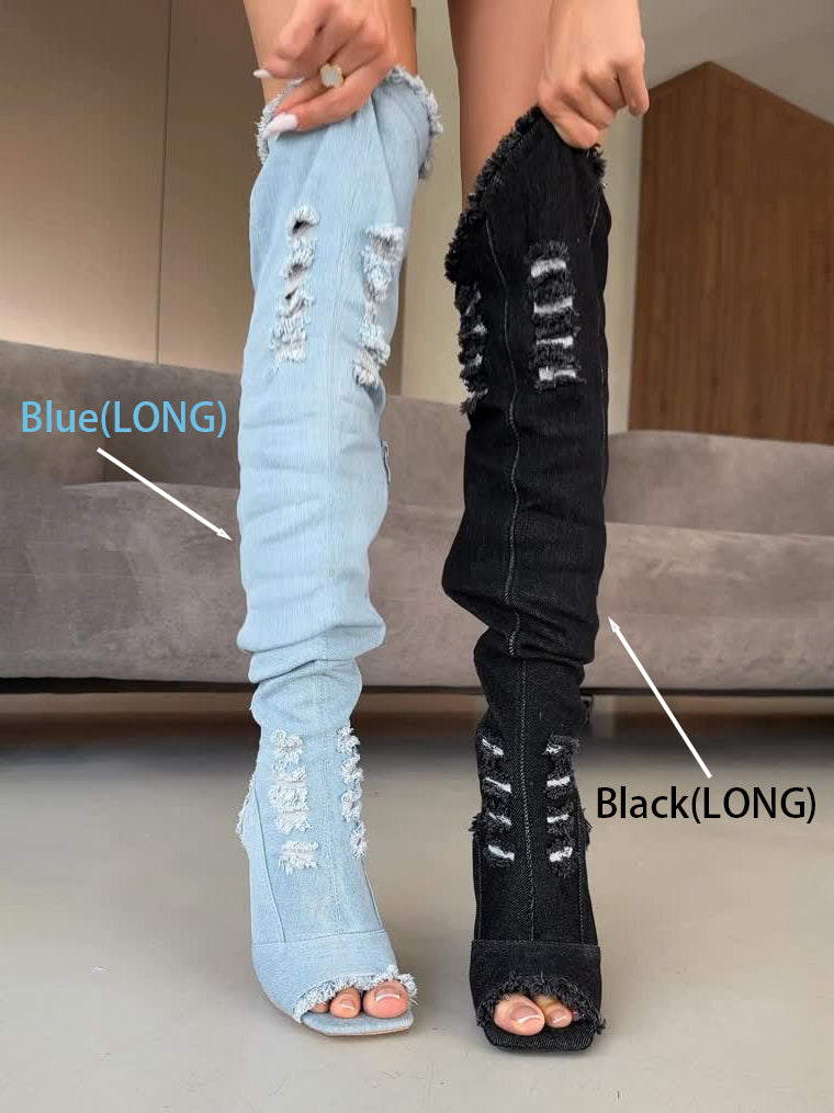 Frayed Edge Open-Toe Denim Ankle Boots