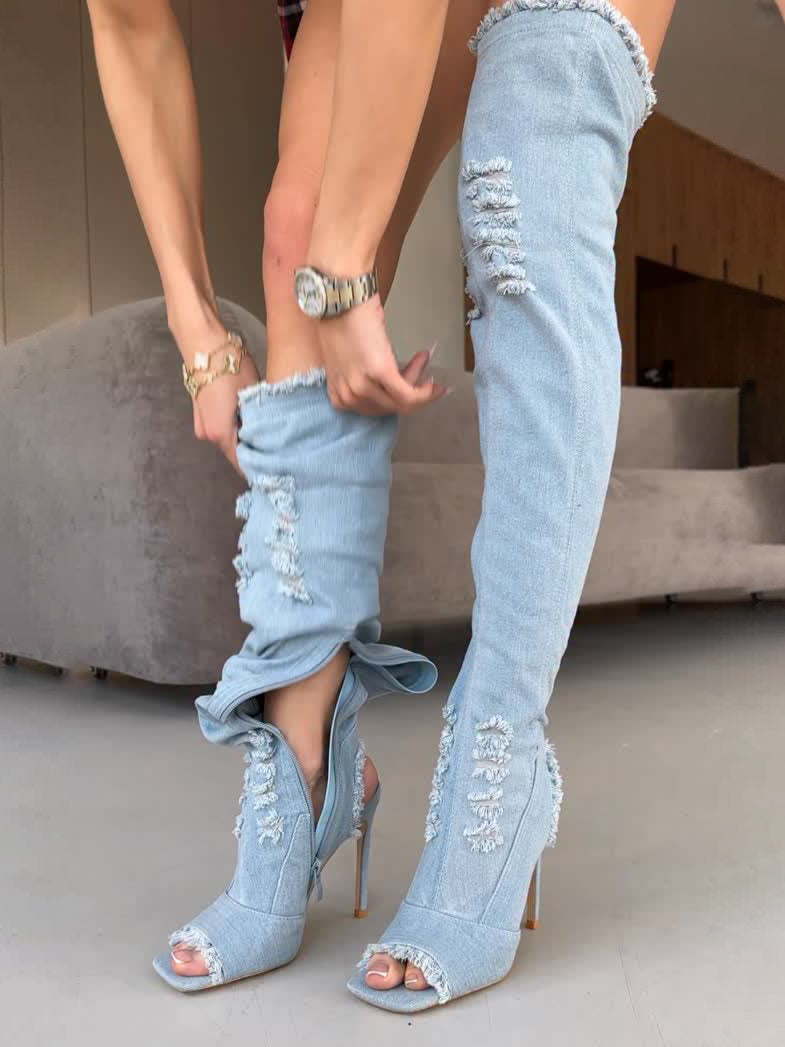 Frayed Edge Open-Toe Denim Ankle Boots