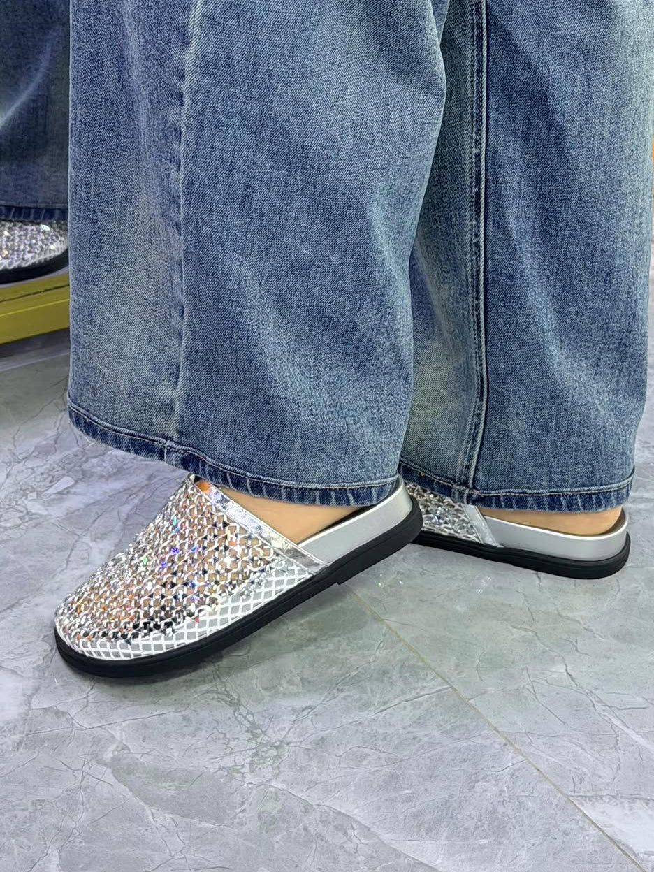 Sparkly Woven Rhinestone Flat Mules