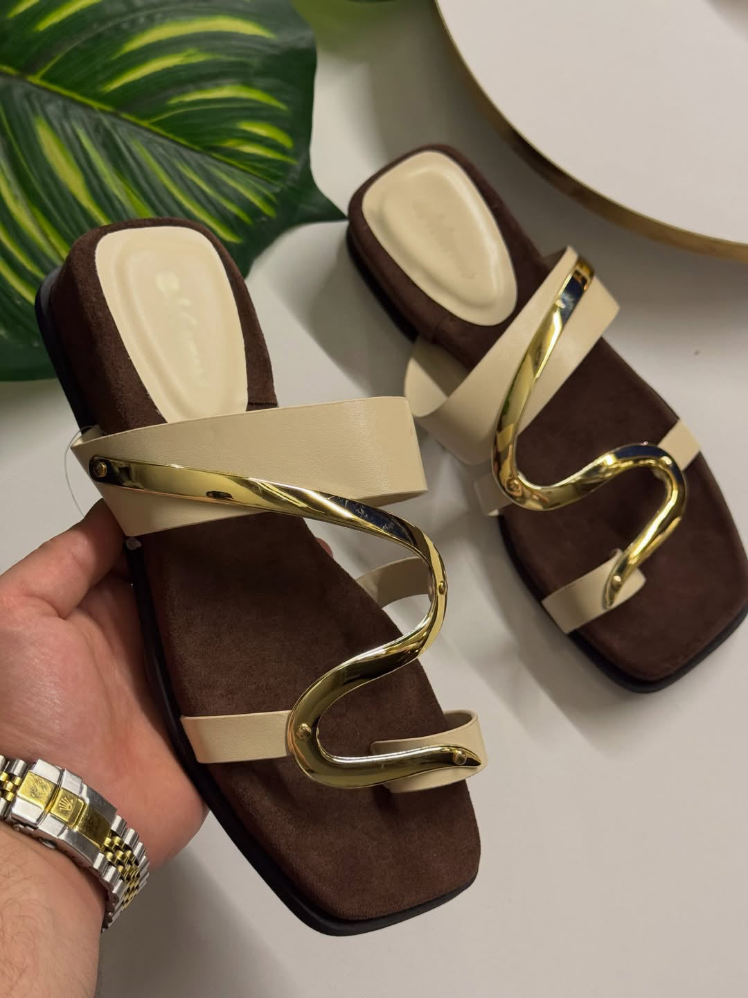S-Shape Gold Metal Detail Square Toe Slide Sandals